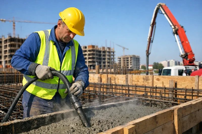 Radnik vibrira beton u oplati armirano-betonske ploče, profesionalno izvođenje betonskih radova na gradilištu.